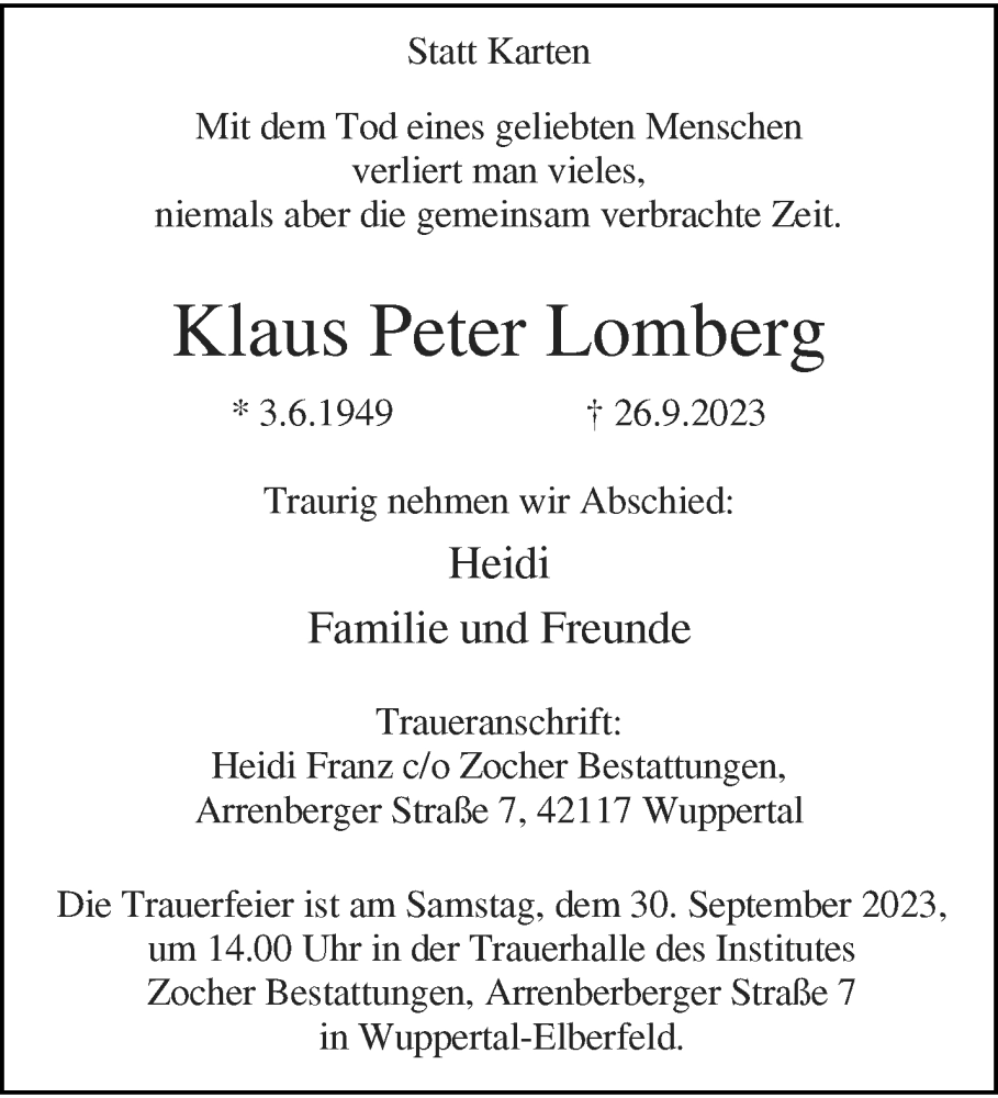  Traueranzeige für Klaus Peter Lomberg vom 30.09.2023 aus trauer.wuppertaler-rundschau.de