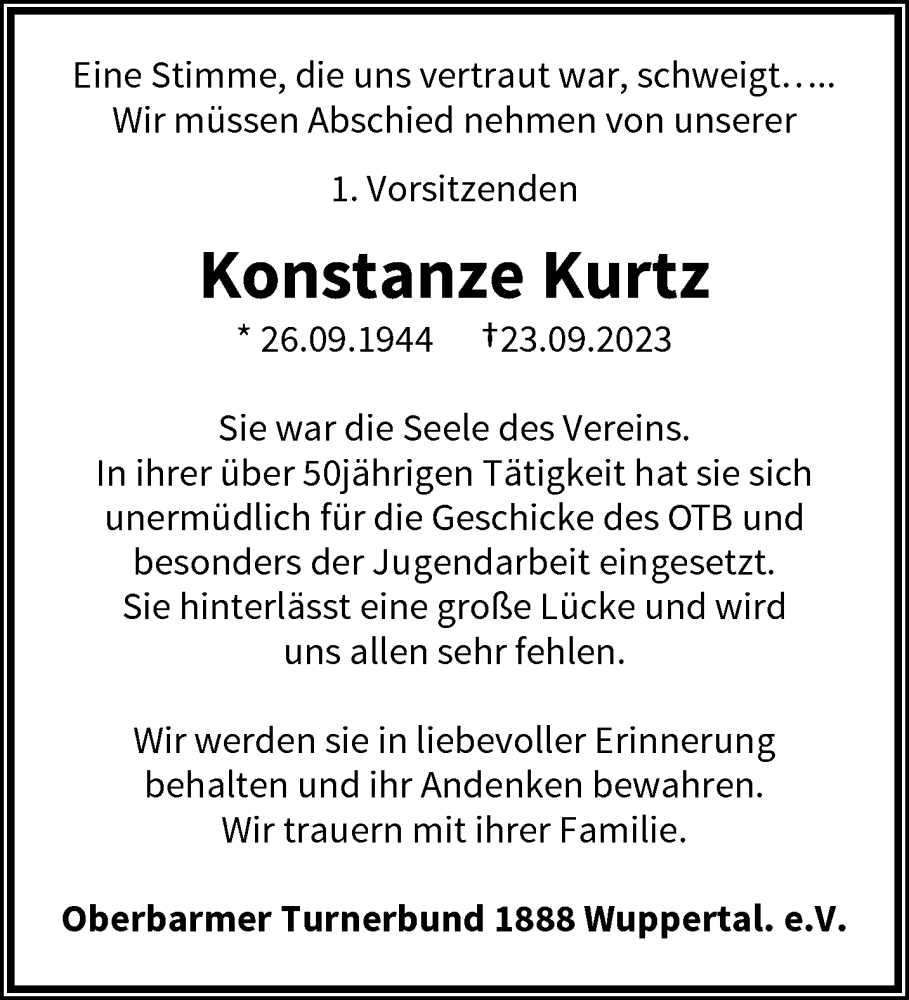  Traueranzeige für Konstanze Kurtz vom 30.09.2023 aus trauer.wuppertaler-rundschau.de