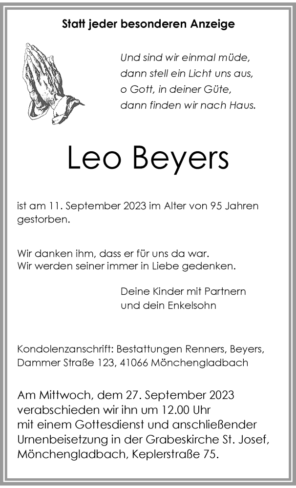 Traueranzeige für Leo Beyers vom 24.09.2023 aus trauer.extra-tipp-moenchengladbach.de