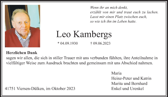 Traueranzeige von Leo Kambergs von trauer.extra-tipp-moenchengladbach.de