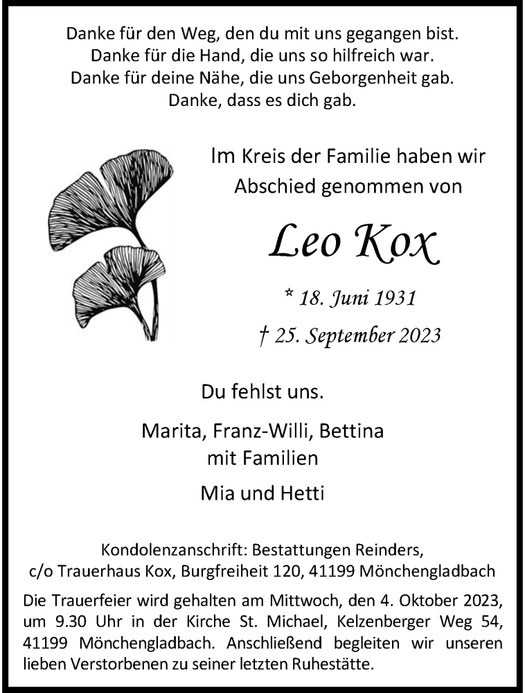  Traueranzeige für Leo Kox vom 01.10.2023 aus trauer.extra-tipp-moenchengladbach.de