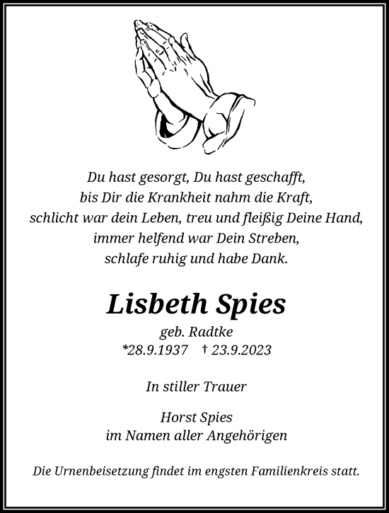 Traueranzeige von Lisbeth Spies von trauer.wuppertaler-rundschau.de