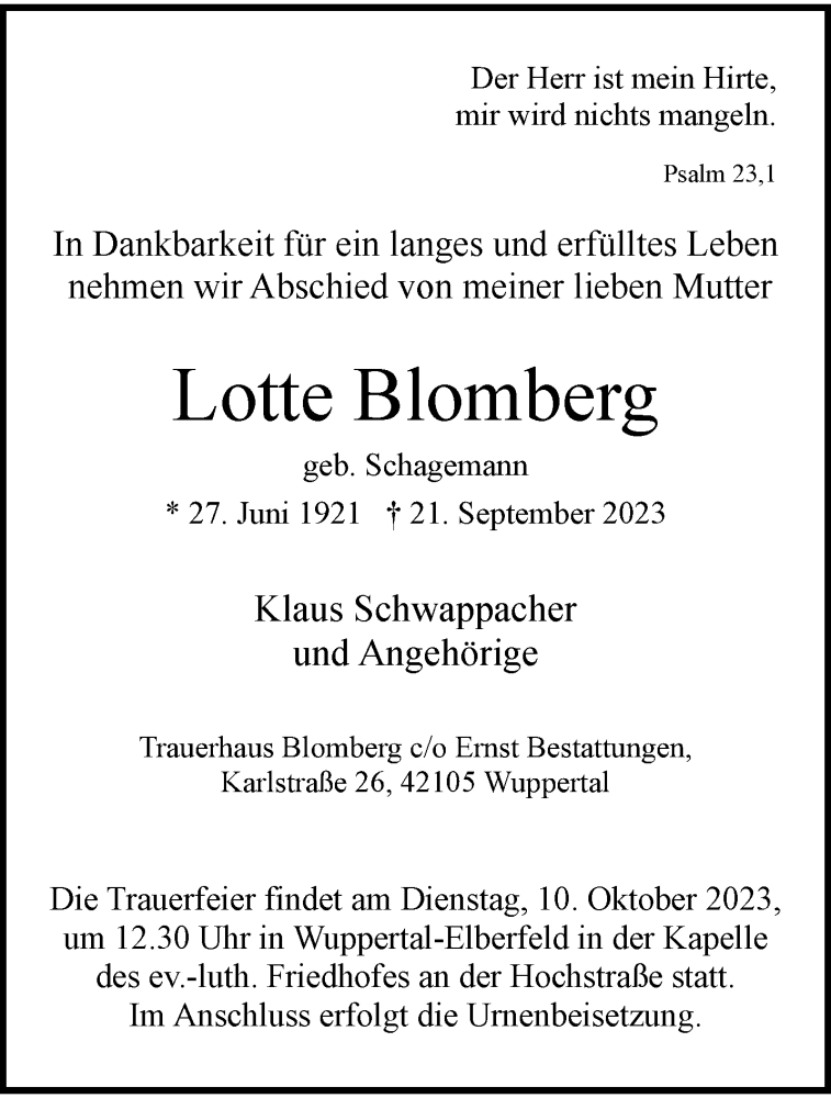  Traueranzeige für Lotte Blomberg vom 30.09.2023 aus trauer.wuppertaler-rundschau.de