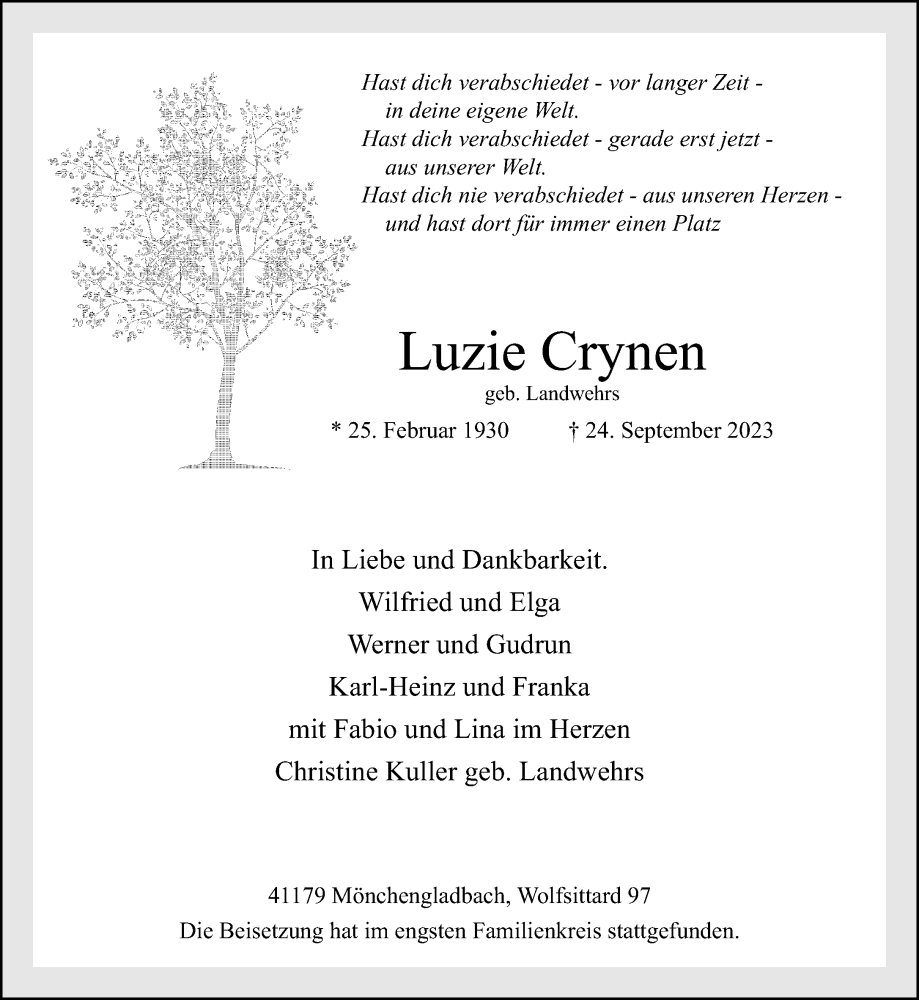  Traueranzeige für Luzie Crynen vom 01.10.2023 aus trauer.extra-tipp-moenchengladbach.de