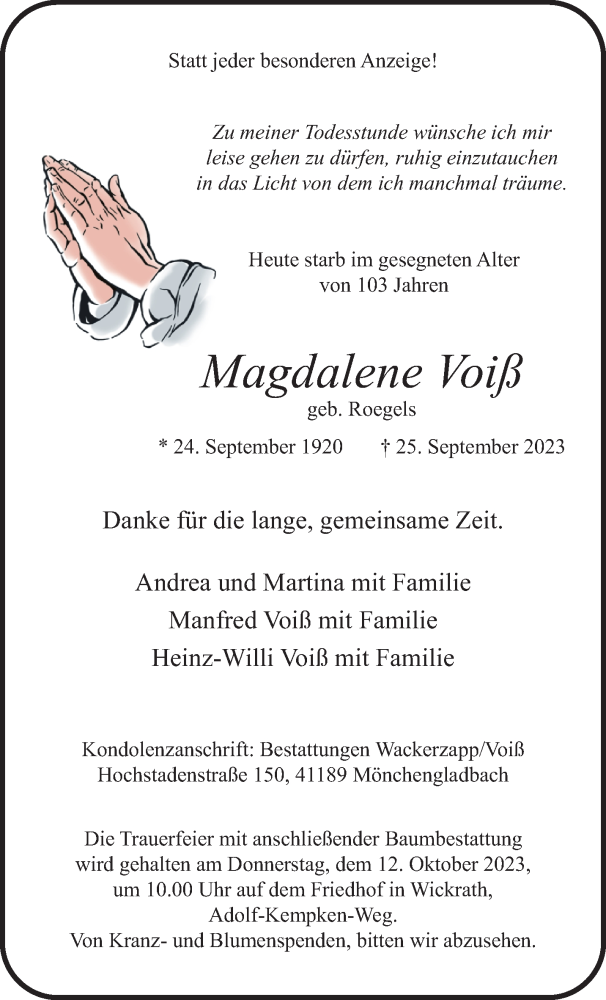  Traueranzeige für Magdalene Voiß vom 01.10.2023 aus trauer.extra-tipp-moenchengladbach.de