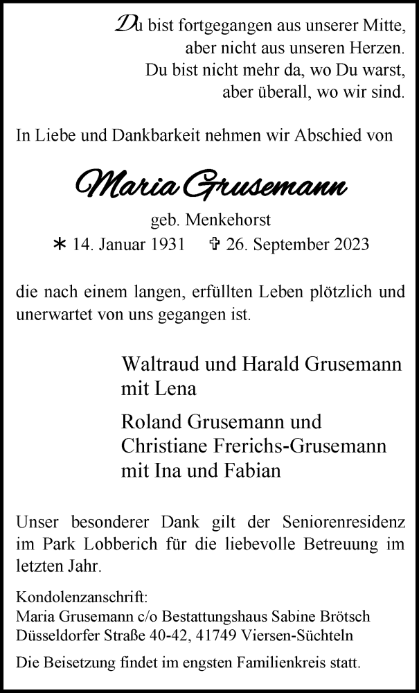  Traueranzeige für Maria Grusemann vom 01.10.2023 aus trauer.extra-tipp-moenchengladbach.de