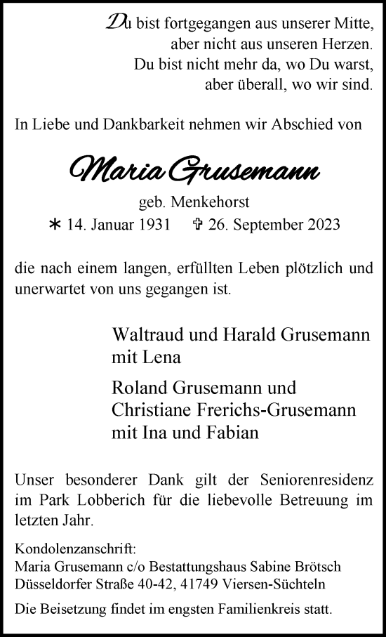 Traueranzeige von Maria Grusemann von trauer.extra-tipp-moenchengladbach.de