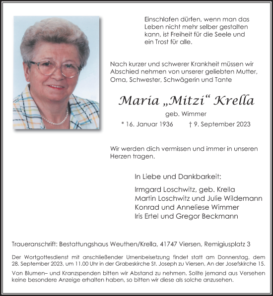 Traueranzeige von Maria Krella von trauer.extra-tipp-moenchengladbach.de