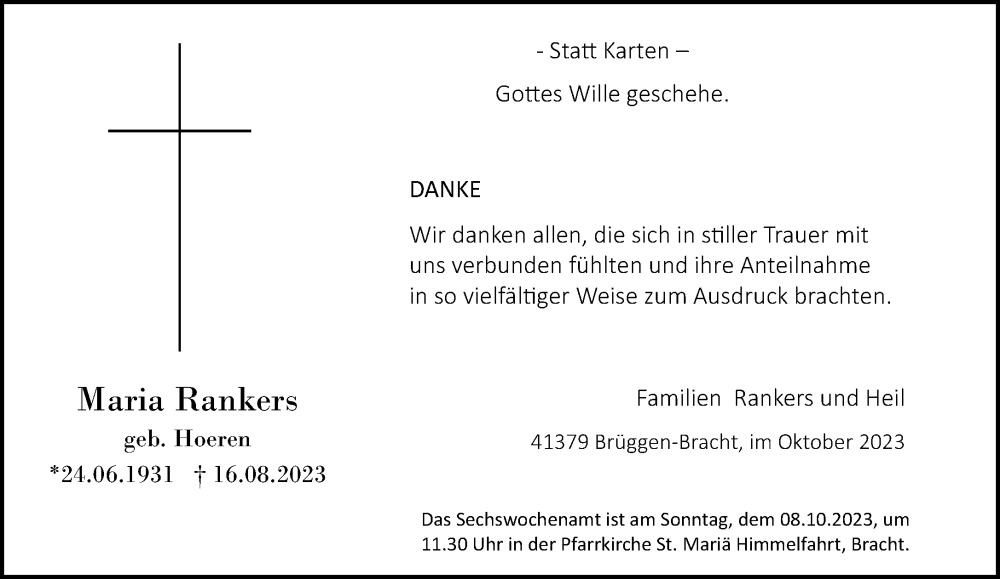  Traueranzeige für Maria Rankers vom 01.10.2023 aus trauer.extra-tipp-moenchengladbach.de