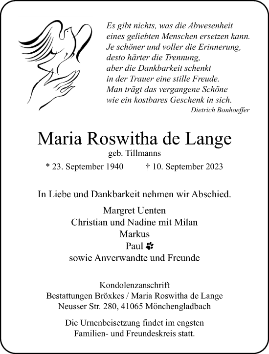 Traueranzeige von Maria Roswitha de Lange von trauer.extra-tipp-moenchengladbach.de