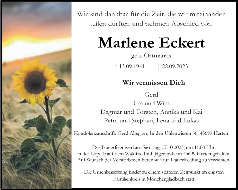  Traueranzeige für Marlene Eckert vom 01.10.2023 aus trauer.extra-tipp-moenchengladbach.de