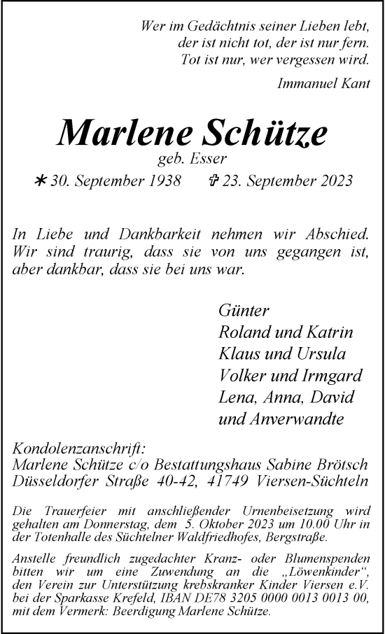 Traueranzeige von Marlene Schütze von trauer.extra-tipp-moenchengladbach.de