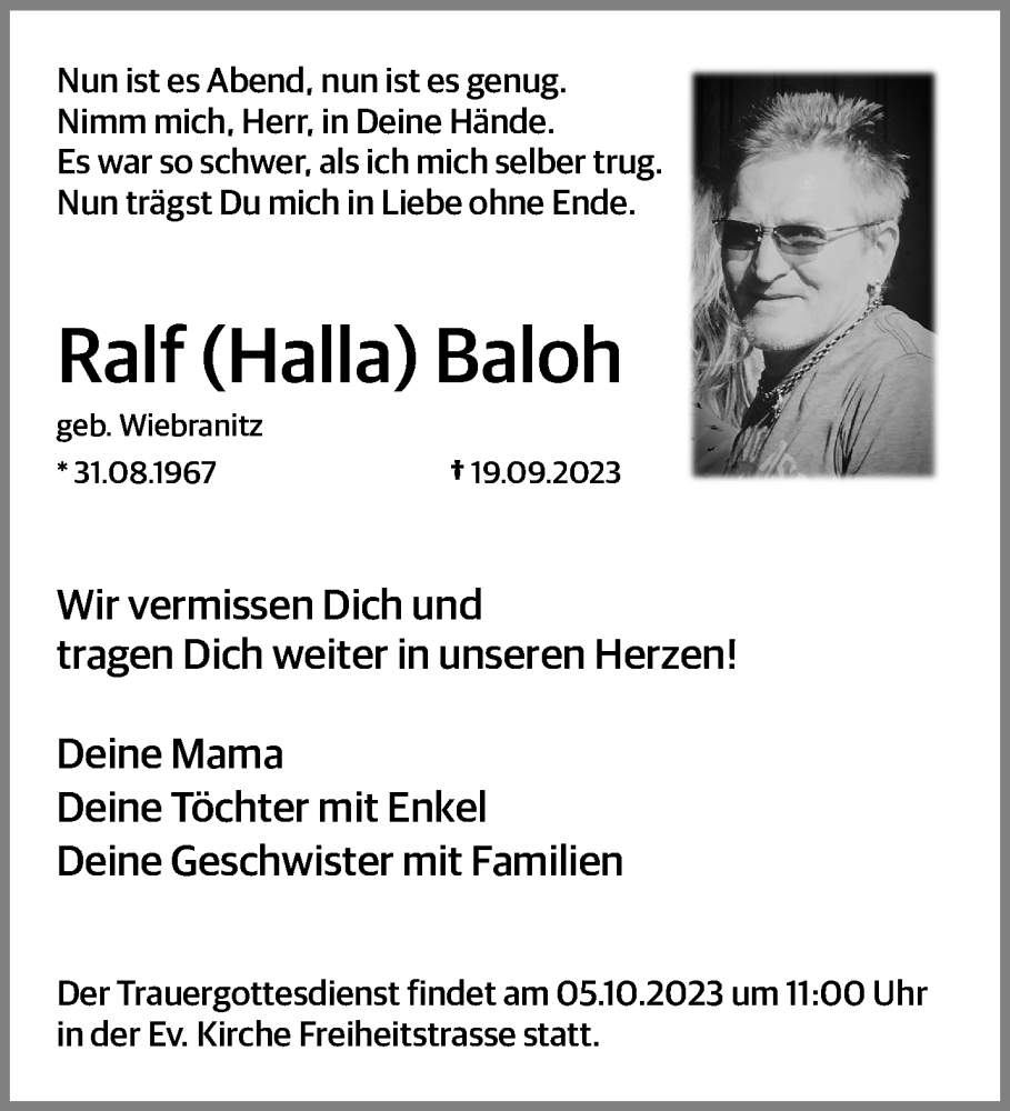  Traueranzeige für Ralf Baloh vom 29.09.2023 aus trauer.duesseldorfer-anzeiger.de