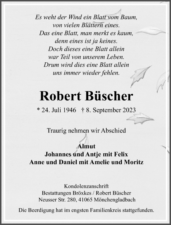 Traueranzeige von Robert Büscher von trauer.extra-tipp-moenchengladbach.de