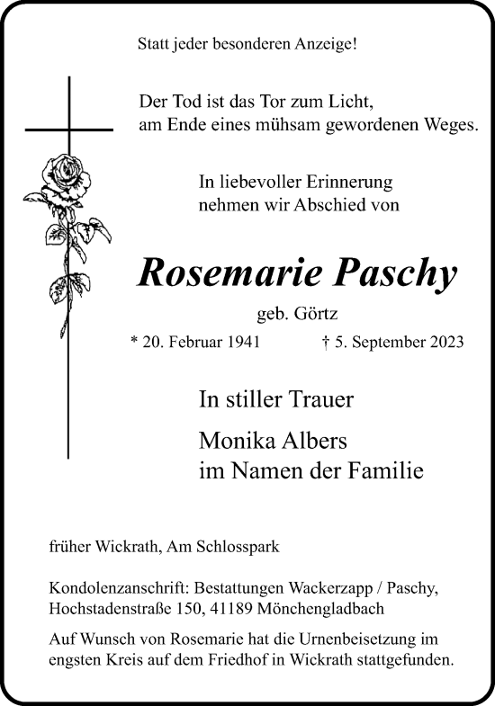 Traueranzeige von Rosemarie Paschy von trauer.extra-tipp-moenchengladbach.de