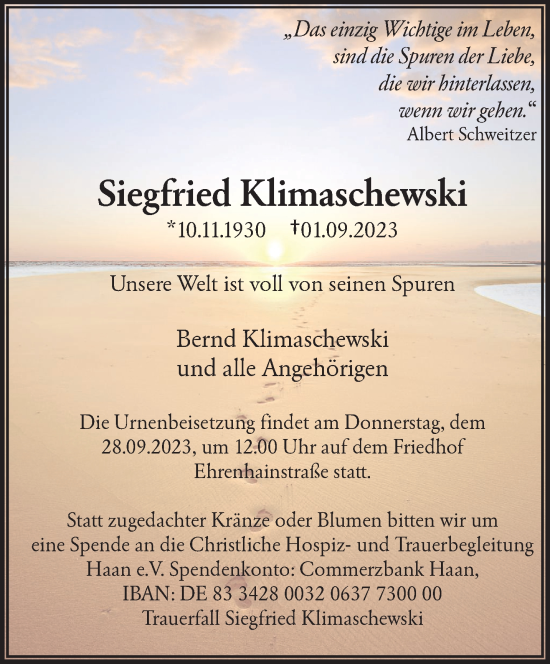 Traueranzeige von Siegfried Klimaschewski von trauer.wuppertaler-rundschau.de