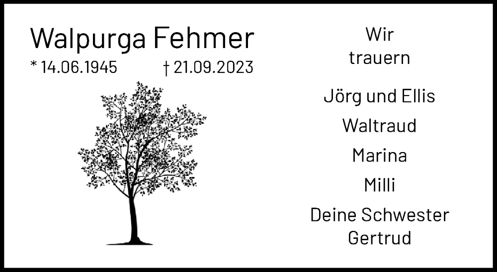  Traueranzeige für Walpurga Fehmer vom 01.10.2023 aus trauer.extra-tipp-moenchengladbach.de