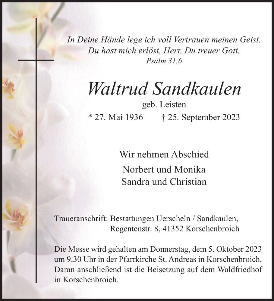  Traueranzeige für Waltrud Sandkaulen vom 01.10.2023 aus trauer.extra-tipp-moenchengladbach.de