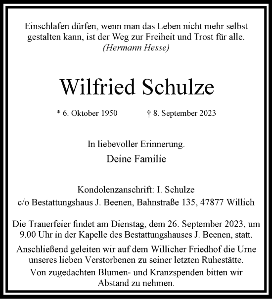 Traueranzeige von Wilfried Schulze von trauer.extra-tipp-moenchengladbach.de