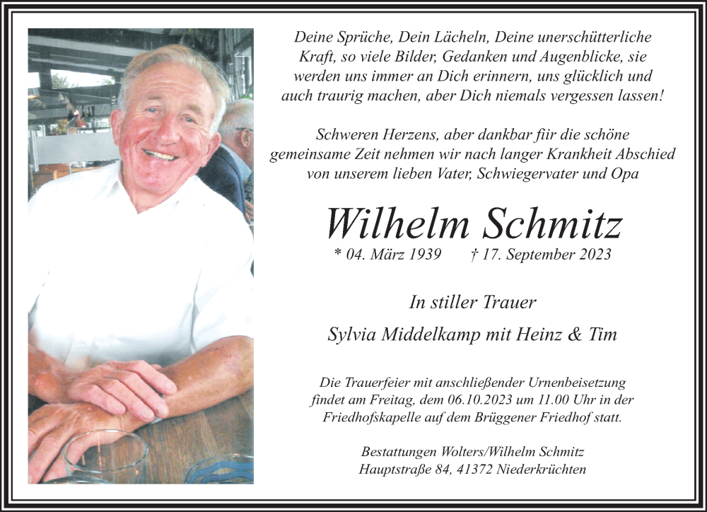  Traueranzeige für Wilhelm Schmitz vom 01.10.2023 aus trauer.extra-tipp-moenchengladbach.de