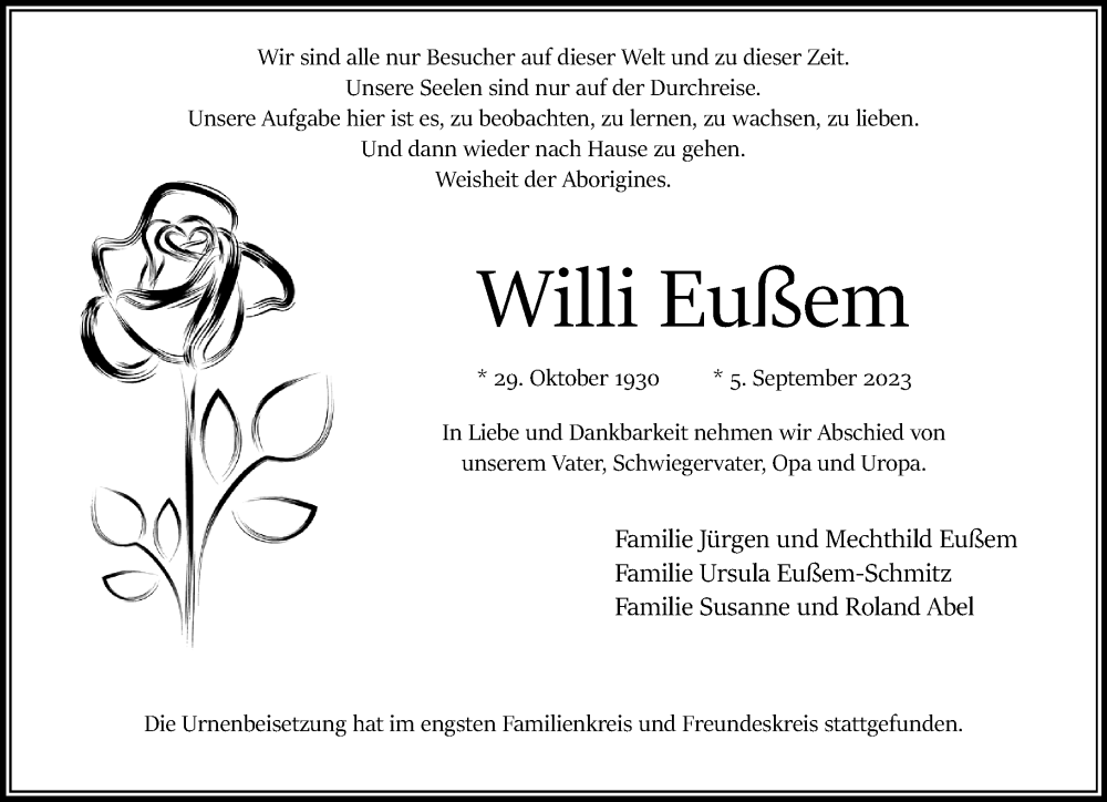  Traueranzeige für Willi Eußem vom 24.09.2023 aus trauer.extra-tipp-moenchengladbach.de
