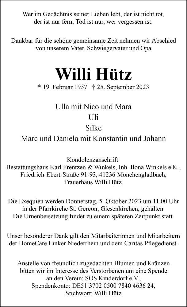  Traueranzeige für Willi Hütz vom 01.10.2023 aus trauer.extra-tipp-moenchengladbach.de