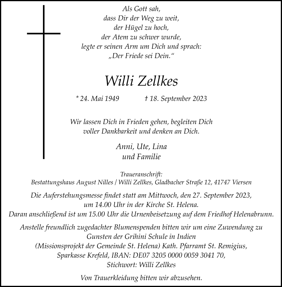  Traueranzeige für Willi Zellkes vom 24.09.2023 aus trauer.extra-tipp-moenchengladbach.de