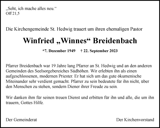 Traueranzeige von Winfried Breidenbach von trauer.wuppertaler-rundschau.de