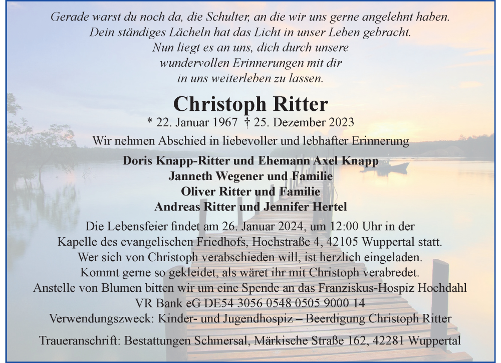  Traueranzeige für Christoph Ritter vom 20.01.2024 aus trauer.wuppertaler-rundschau.de