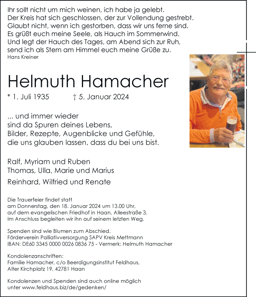  Traueranzeige für Helmuth Hamacher vom 12.01.2024 aus trauer.duesseldorfer-anzeiger.de