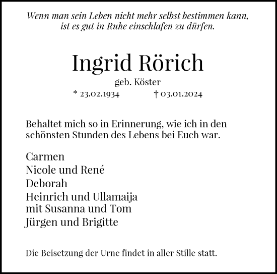 Traueranzeige von Ingrid Rörich von trauer.duesseldorfer-anzeiger.de