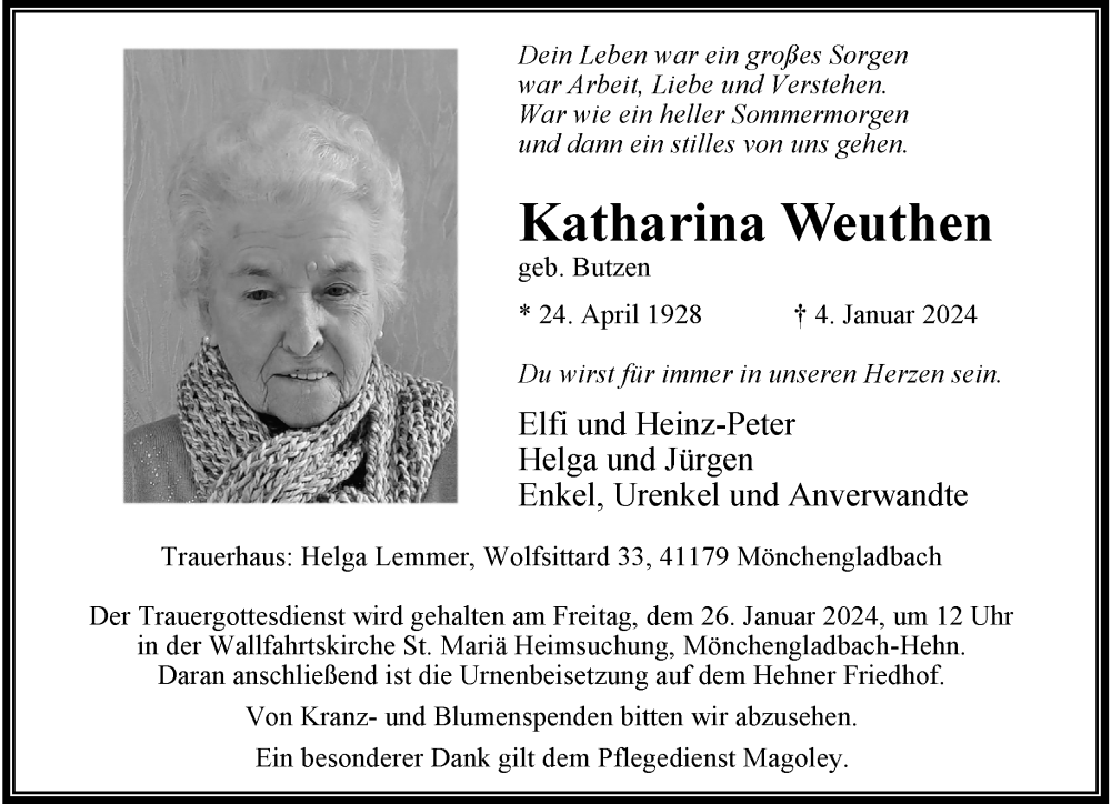 Traueranzeige für Katharina Weuthen vom 14.01.2024 aus trauer.extra-tipp-moenchengladbach.de