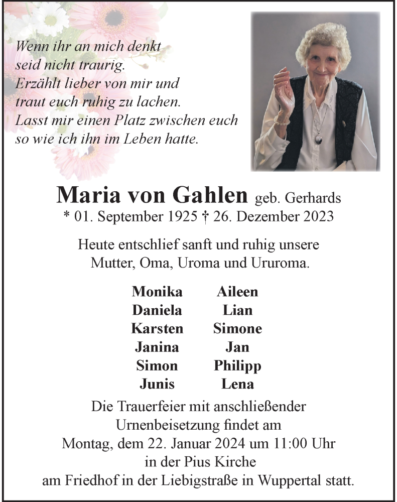  Traueranzeige für Maria von Gahlen vom 13.01.2024 aus trauer.wuppertaler-rundschau.de