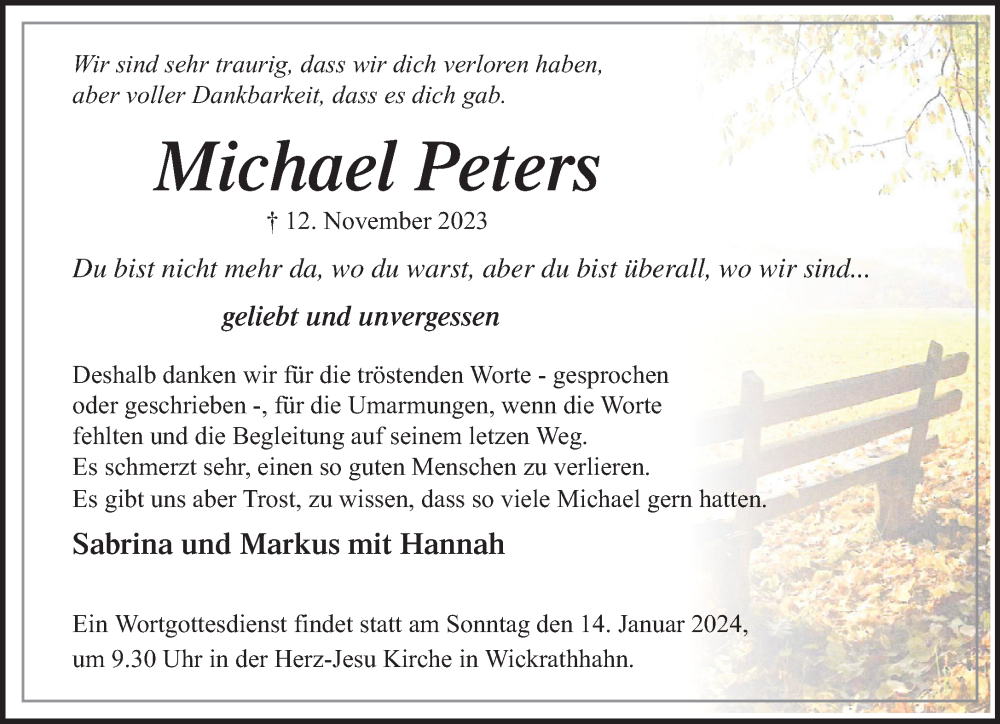  Traueranzeige für Michael Peters vom 07.01.2024 aus trauer.extra-tipp-moenchengladbach.de