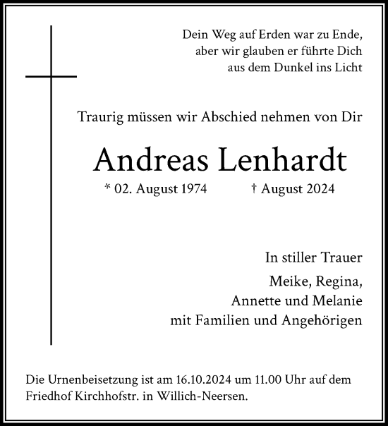 Traueranzeige von Andreas Lenhardt von trauer.extra-tipp-moenchengladbach.de