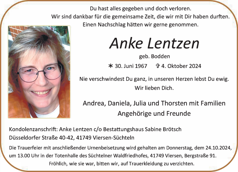  Traueranzeige für Anke Lentzen vom 13.10.2024 aus trauer.extra-tipp-moenchengladbach.de