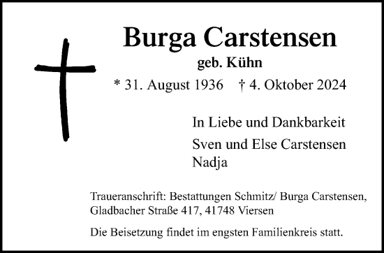 Traueranzeige von Burga Carstensen von trauer.extra-tipp-moenchengladbach.de