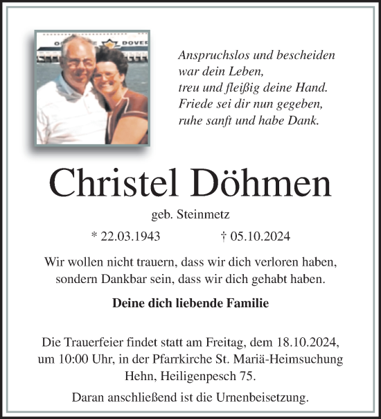 Traueranzeige von Christel Döhmen von trauer.extra-tipp-moenchengladbach.de