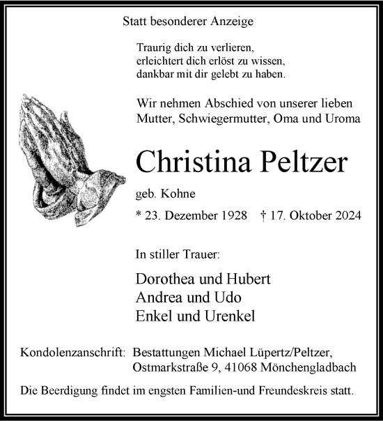 Traueranzeige von Christina Peltzer von trauer.extra-tipp-moenchengladbach.de