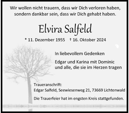 Traueranzeige von Elvira Salfeld von trauer.extra-tipp-moenchengladbach.de