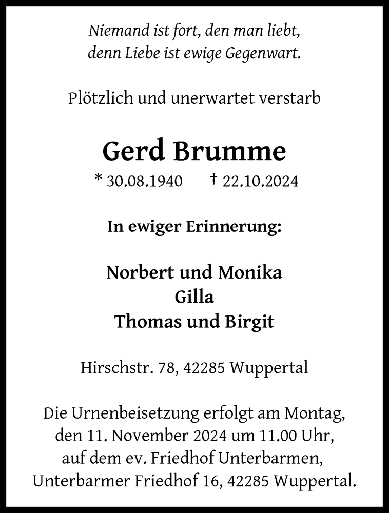  Traueranzeige für Gerd Brumme vom 02.11.2024 aus trauer.wuppertaler-rundschau.de