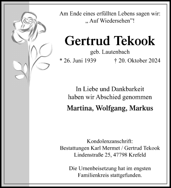 Traueranzeige von Gertrud Tekook von trauer.extra-tipp-moenchengladbach.de