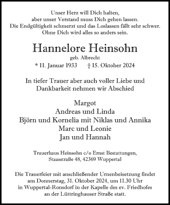 Traueranzeige von Hannelore Heinsohn von trauer.wuppertaler-rundschau.de