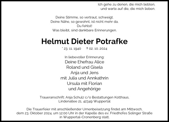 Traueranzeige von Helmut Dieter Potrafke von trauer.wuppertaler-rundschau.de