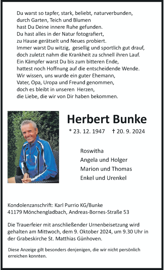 Traueranzeige von Herbert Bunke von trauer.extra-tipp-moenchengladbach.de