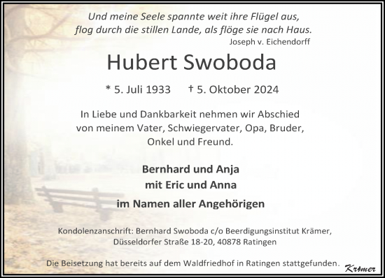 Traueranzeige von Hubert Swoboda von trauer.duesseldorfer-anzeiger.de