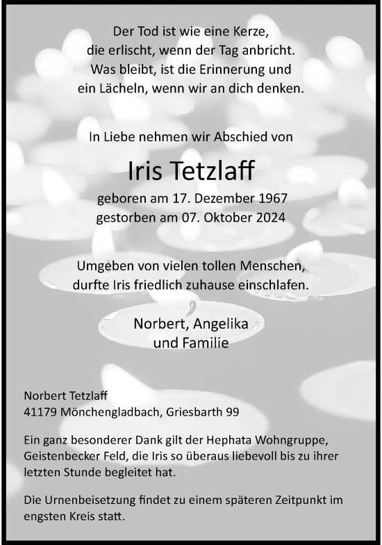 Traueranzeige von Iris Tetzlaff von trauer.extra-tipp-moenchengladbach.de