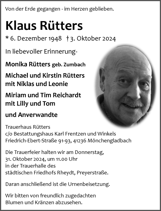 Traueranzeige von Klaus Rütters von trauer.extra-tipp-moenchengladbach.de