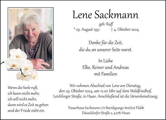 Traueranzeige von Lene Sackmann von trauer.duesseldorfer-anzeiger.de