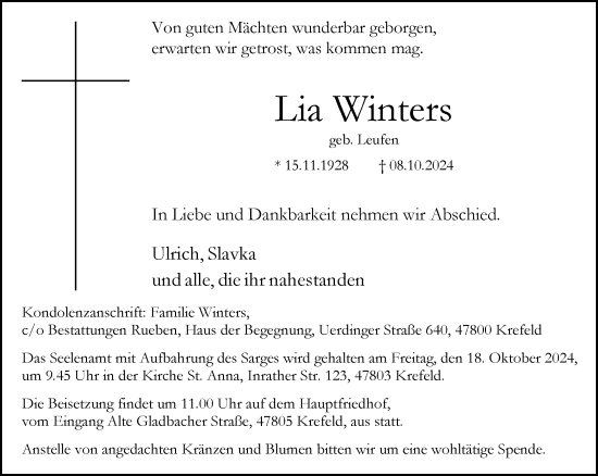 Traueranzeige von Lia Winters von trauer.extra-tipp-moenchengladbach.de